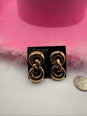 #101 Monet Gold tone Linked clip on Drop Earrings